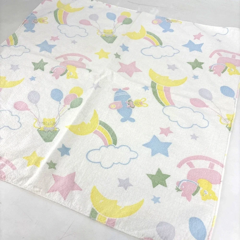 Vtg Beacon Rainbow Baby Blanket White Stars Balloon Bunny Plane Pastel Receiving